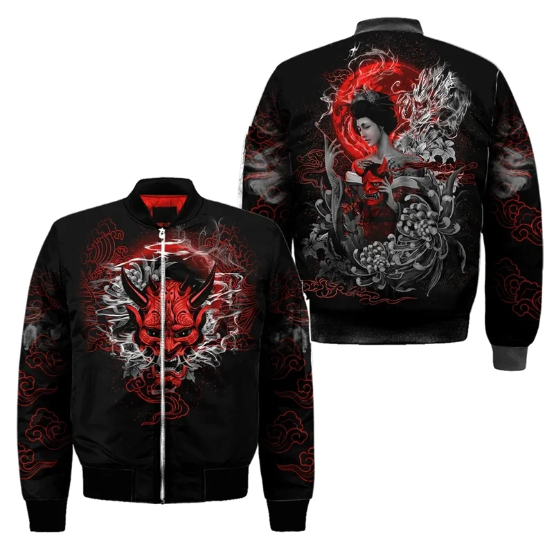thumbnail image 1 of Chaqueta bomber de primavera y otoño para hombre, con estampado 3D de máscara de samurái Oni y tatuaje, con cremallera, informal, para la calle, 1 of 5