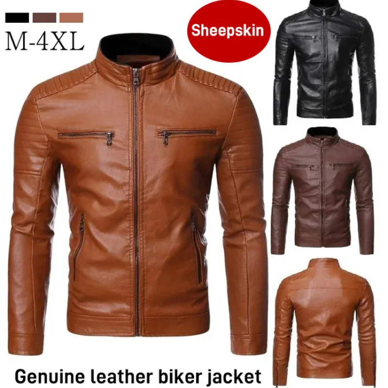 xfhh men s biker fleece leather jackets 2021 new men simple style stand collar jacket coats male faux leather bomber outwear Stand-up collar men's biker leather jacket