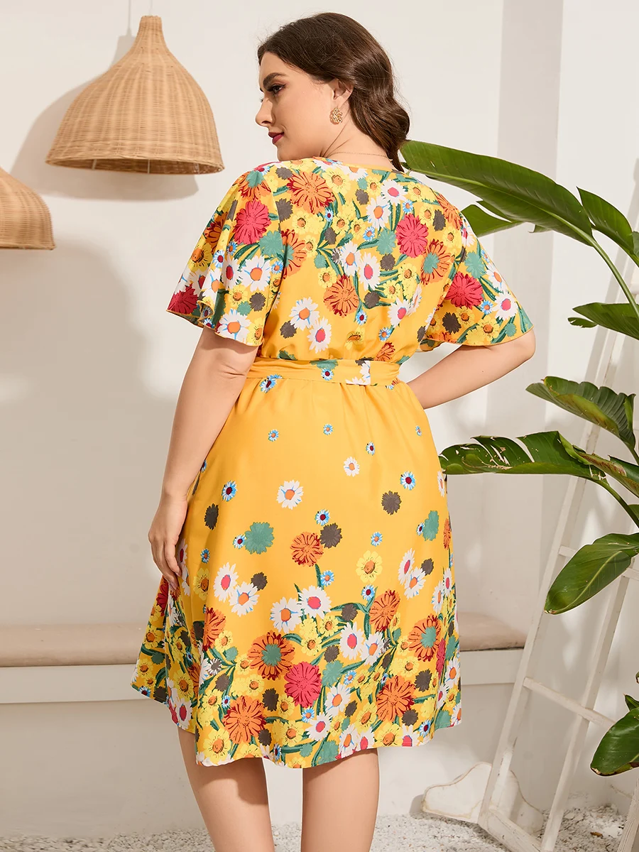 4xl 5xl Plus Size Midi Dress Women 2023 Summer V Neck Short Sleeve Floral Print Yellow Dress for Women Large Size Beach Dresses Best Sellers In Plus Sized Clothing