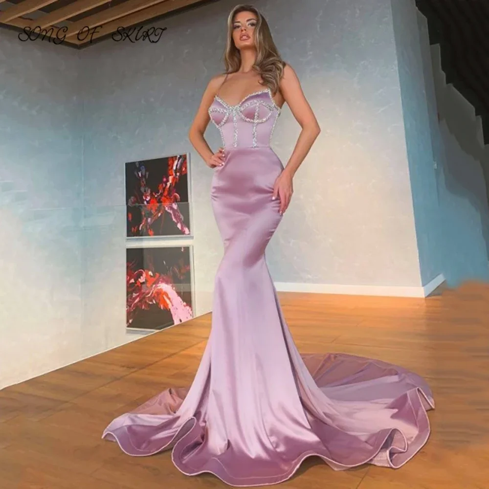 

New Selling Lilac Evening Dresses Mermaid Sleeveless Luxury Crystal Ladies Formal Wedding Long Bridal Gown Robe Soiree Longue