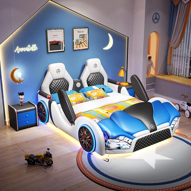 Característica-cama para niños con barandilla, coche deportivo, cama de  coche de dibujos animados, 1,5 m, cama de cuero con almacenamiento y puerta  - AliExpress