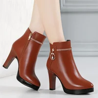 Comfortable Fashion Soft Leather Winter Shoes Platform Boots 2024 Elegant Black Block High Heel Plush Non-slip Ankle Boots - Image 2