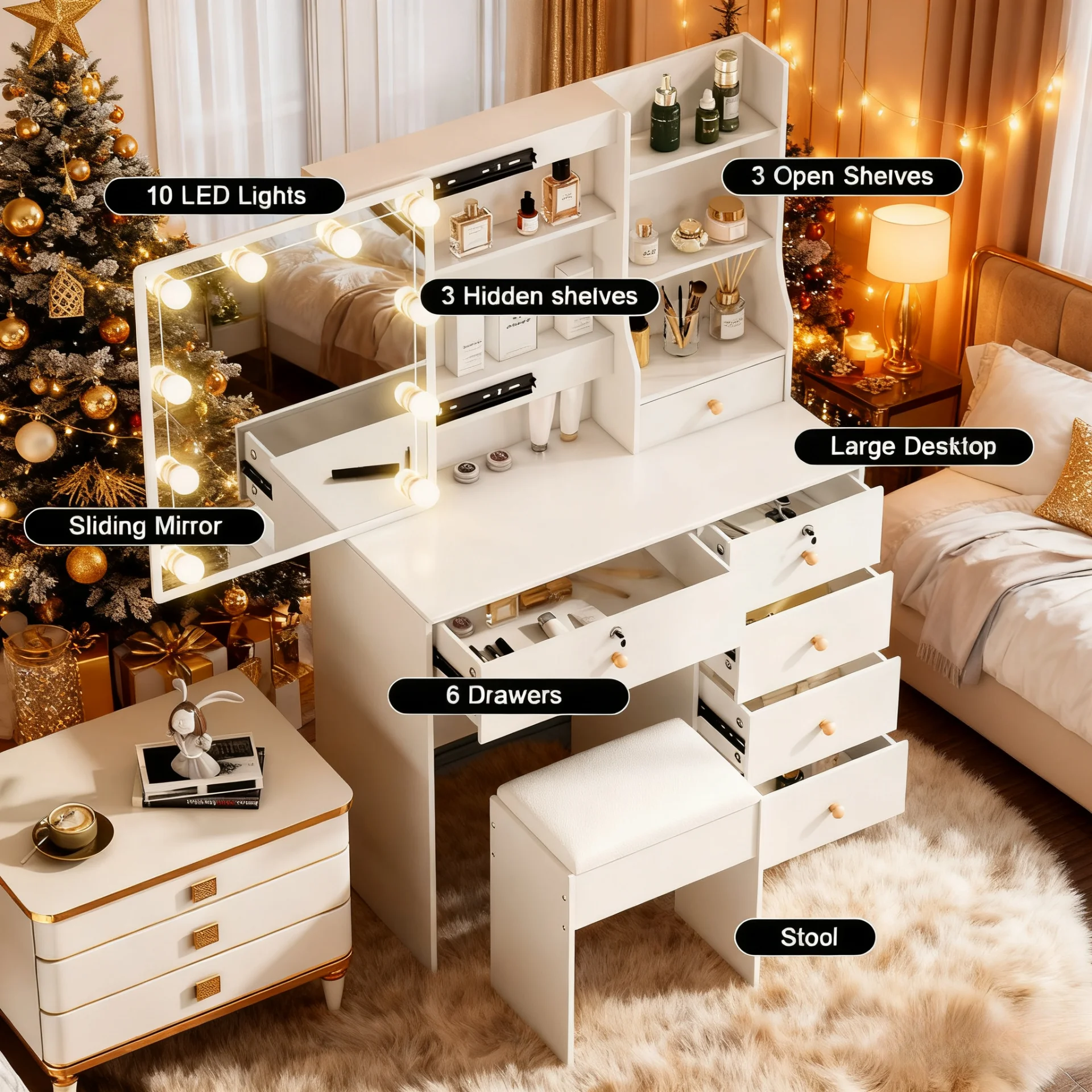 Modern LED Lighted Vanity Dressing Table with Mirror & Stool 3 Color Dimmable 6 Drawers Storage Makeup Desk for Bedroom