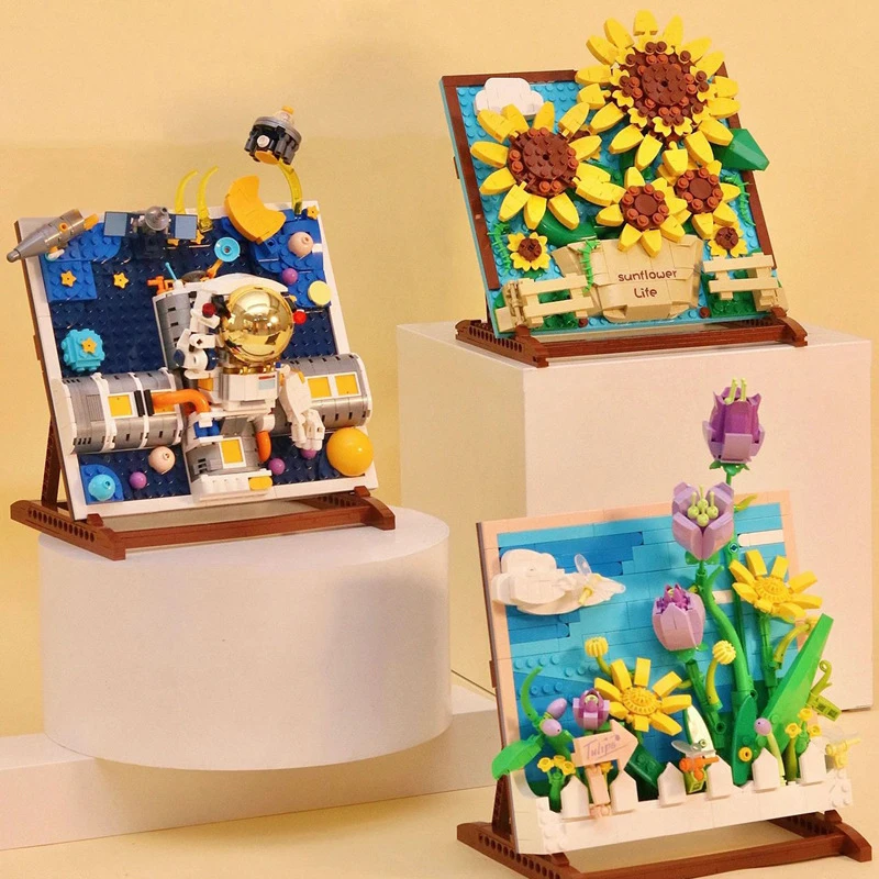 IDEA Sunflower Flower Frame Building Block Creative Artwork Painting Tulips  Bouquet Decoration Birthday Bricks Kids Toys Gifts