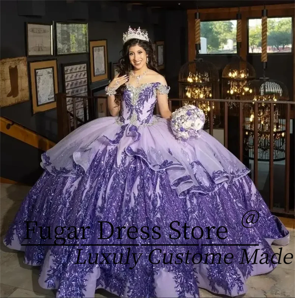 Luxuly Purple Fashion Quinceanera Shiny Dresses Lace Appliques Beads Mexican Sweet 16 Ball Gown Vestidos Butantes 15 Anos
