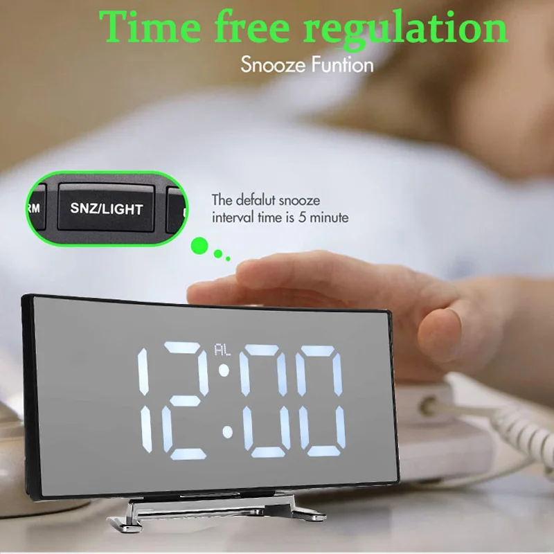 

LED Digital Alarm Clock Electronic Table Clocks Curved Mirror Screen Nightlight Temperature Display Snooze Desktop Decoration