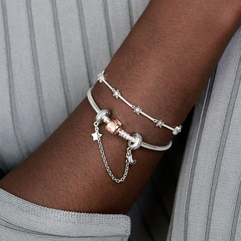 Pandora S925 Silver Classic Square Bead Buckle Snake Chain Bracelet Simple Fashion DIY Bracelet with Cloth Bag