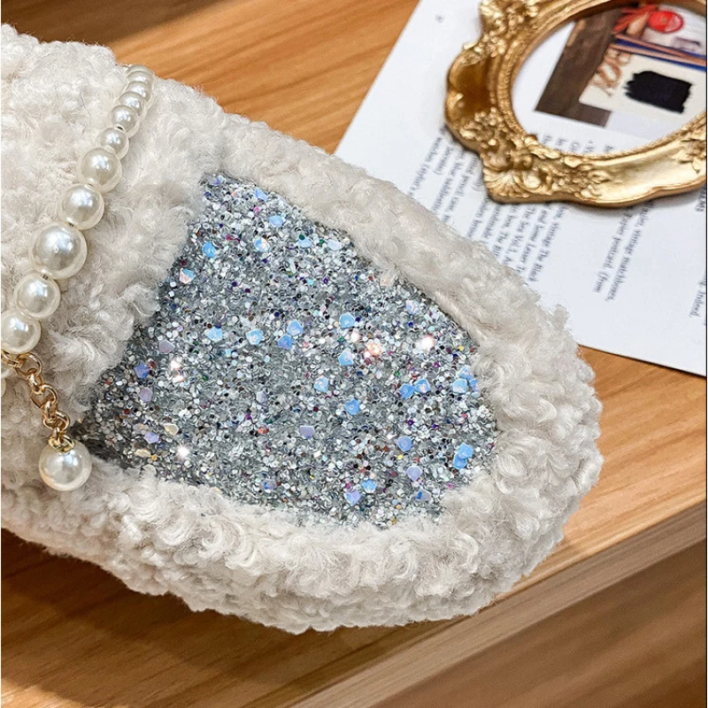 Big Size 35-43 Women Faux Wool Flats Winter Warm Shoes Plush Lining Pearls Chain Lady Loafers Female Boat Shoe Top Quality 555-2