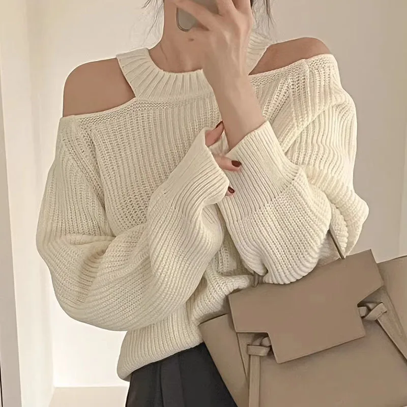 

Long sleeved Off Shoulder Women's Sweater Beautiful Women Clothing Pullover Knitted 2023 Autumn Winter Apricot Tops X467