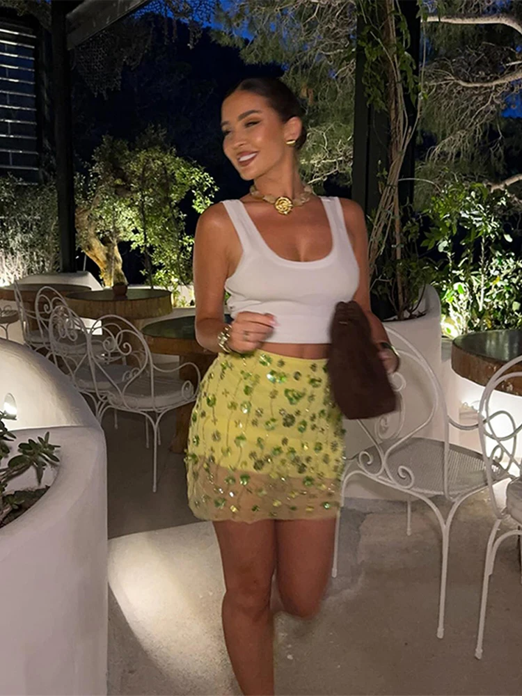 Bead Mesh Short Skirt Green Sequin floral High Waist Slimming