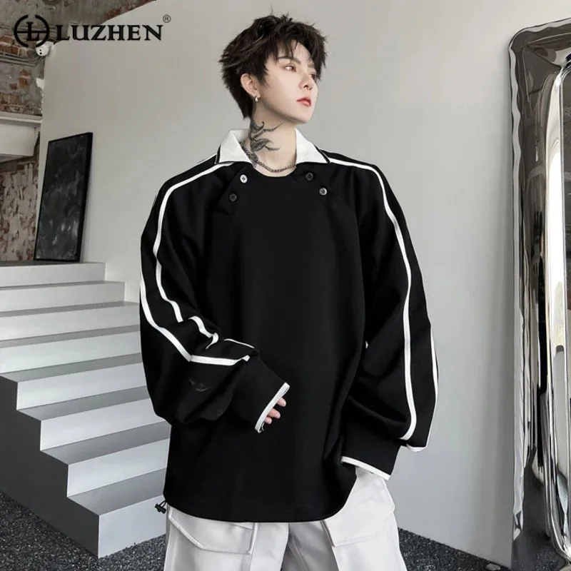 

LUZHEN Design Line Contrast 2023 Casual Trendy Color Men's Pullover High Quality Fashion Loose Polo Neck Knitted Tops New F5c8b0