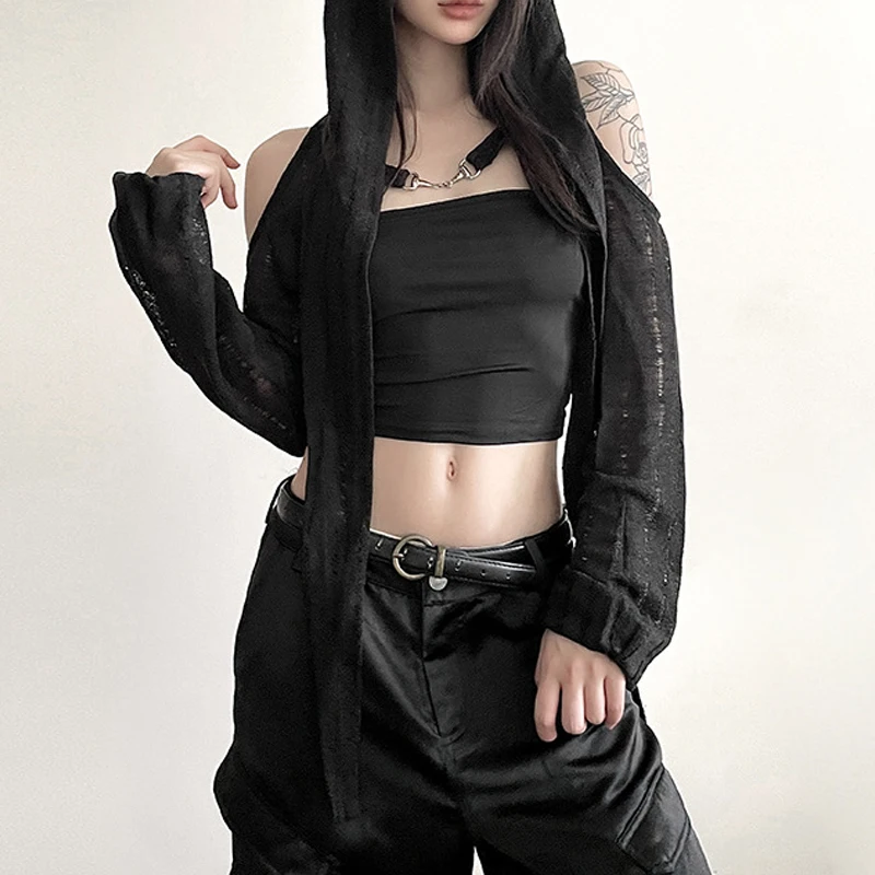 Goth Dark Open Shoulder Techwear Y2k Crop Cardigans Mall Gothic Hooded Sexy Women Crop Tops Punk Grunge Buckle Streetwear Shirts