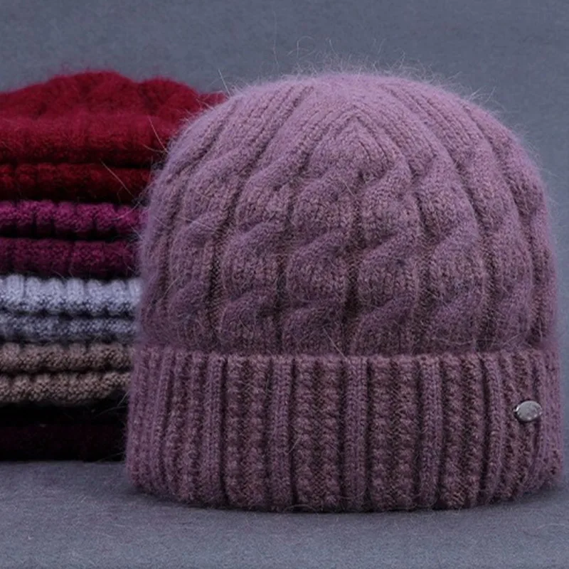 Winter Knitted Beanies Cap For Elderly Women Mom Elegant Ear Protection Thicken Wool Velvet Hat Party Gift Outdoor Cap