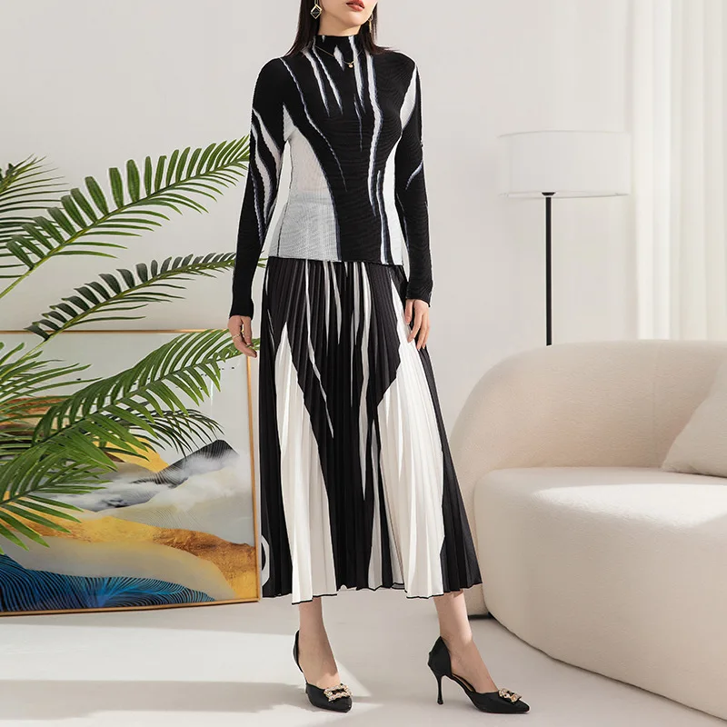 

Miyake Style Print Fashion Suit Women Spring New Long-Sleeved Corn Pleated All-Match Bottoming Shirt High Waist Drooping Skirt