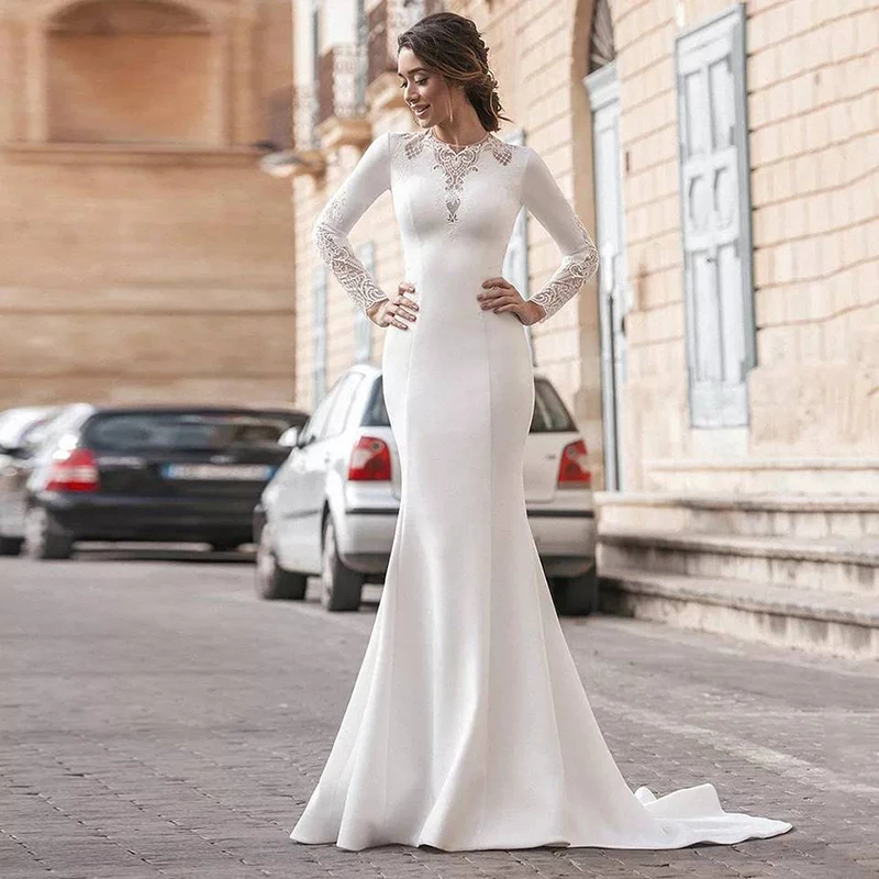 

Smileven Satin Mermaid Wedding Dresses Long Sleeve Appliqued Lace Bride Dress Muslim Wedding Gown Vestido De Noiva 2023