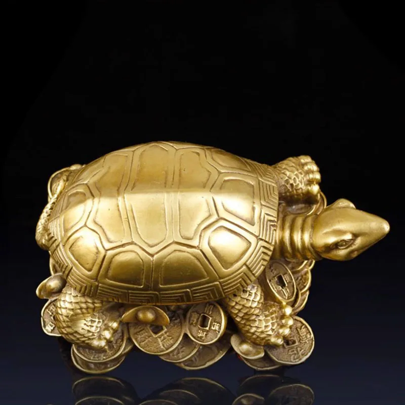Pure Copper Wealth Money Turtle Feng Shui Ornament - Handmade Home Decor Lucky Tortoise Figurine for Prosperity, Office Desk Dec