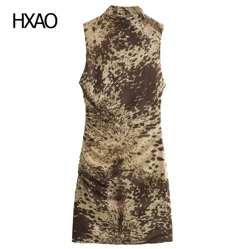 

HXAO Print Dresses for Women Mesh Dress Sleeveless Mini Dress Woman Sexy Short Dress Summer Casual Dress Pleated Wrap Dress 2024