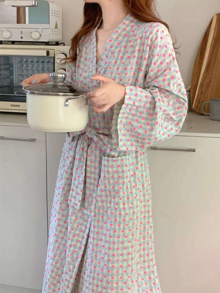 Sweet Heart Plaid Robes Women Autumn Long Bathrobes Japanese Sleepwear Belt Comfortable Loose Chic Female Simple Loungewear