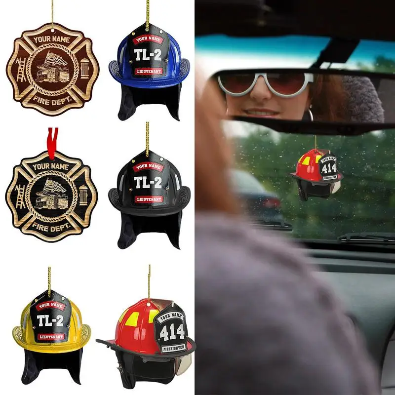 

Car Rear View Mirror Ornament with Rope Car fire safety helmet acrylic flat pendant Interior decor commemorative pendant gift