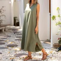 Spring Summer New 2025 Women's Loose Casual Sleeveless V-neck Dress Floor-Length Ankle Dress Cross-Border Independent Station