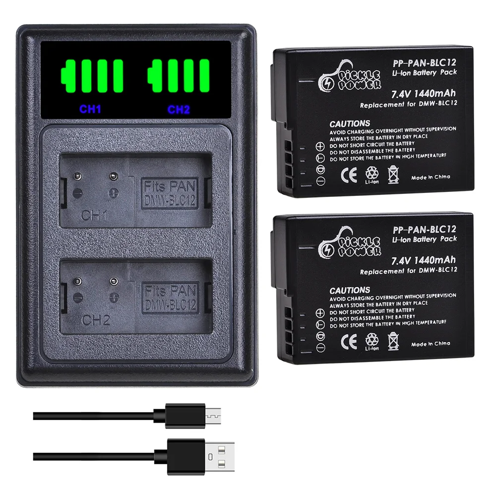 Pickle Power Dmw-Blc12 Blc12E Batteria + Led Dual Charger Per Panasonic Lumix Dmc-G5,G6,G7,G85,Fz200,Fz300,Fz1000,Fz2500