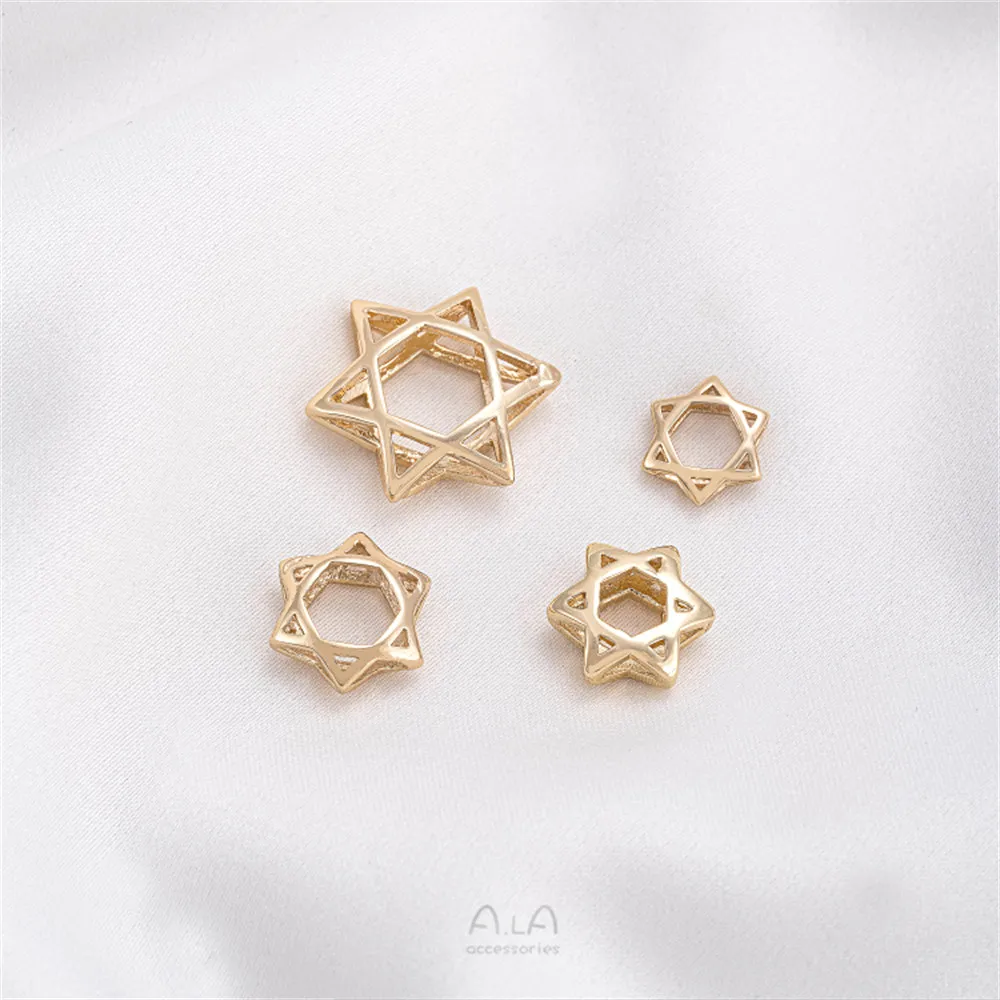 14K 골드 컬러 도금 황동 중공 6 지적 스타 비드 반지 수제 구슬 분리 반지 DIY 체인 쥬얼리 액세서리