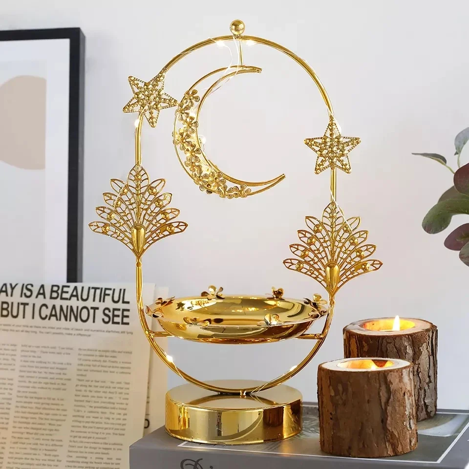 EID 라마단 메탈 골드 캔들 거치대 트레이, 조명이 달린 Eid Mubarak 무슬림 이슬람 축제 아로마 테라피 스토브, 가정 장식품