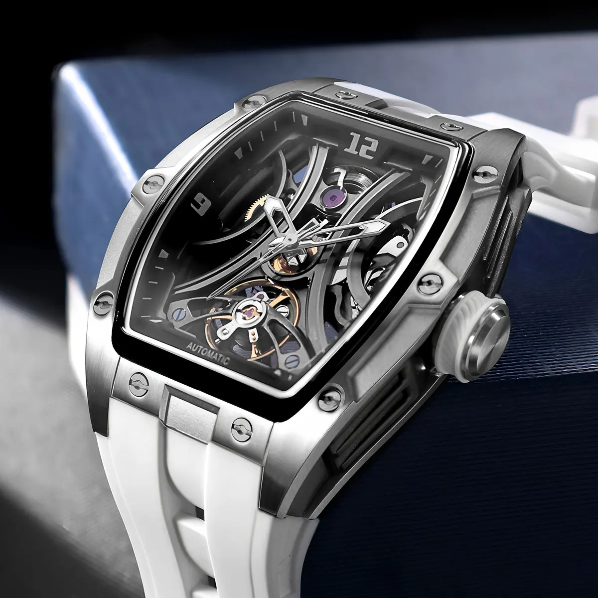 MEGIR Sports Style Automatic Mechanical Watch for Men Full Hollow Transparent Dial Design Stainless Steel Case Silicone Strap - 4
