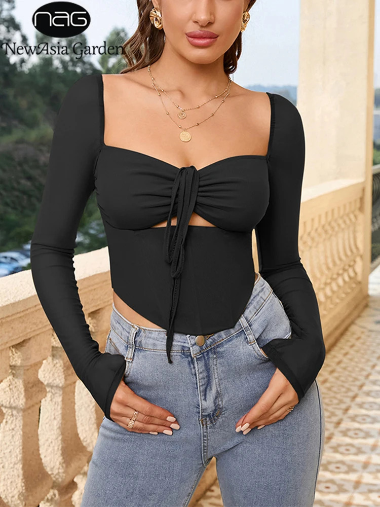 NewAsia Single Piece Black Long Sleeve Blouses Women Autumn Sexy Hollow Out Backless Slim Shirt Club Fashion Sheath Blouse 2023