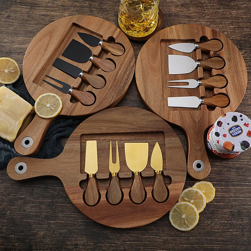 Cross border Wooden Board Steak Cutting Board Wooden Cheese Cheese Board Set with Stainless Steel Cheese Knife 4-piece Set