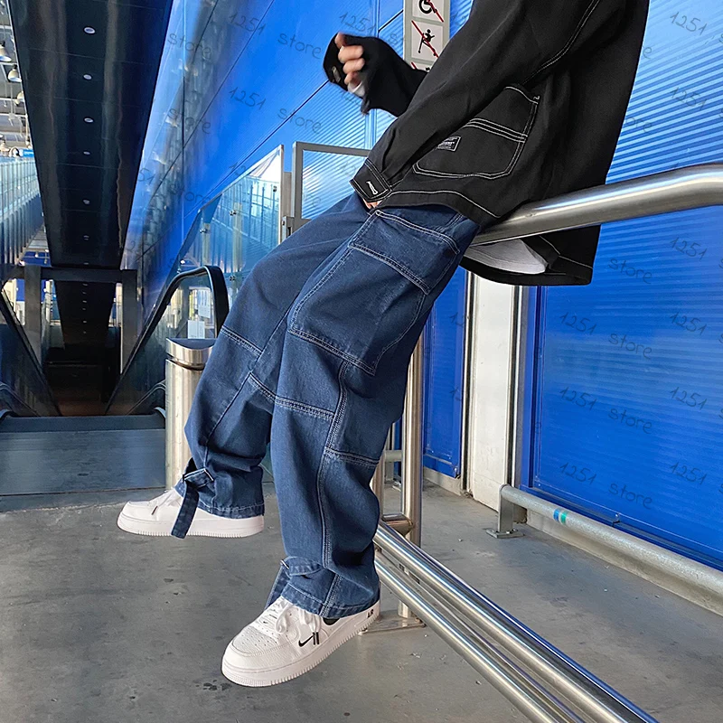 Hot Fashion Mens Denim Straight Leg Loose Fit Trousers Cargo Korean Jean Pants 