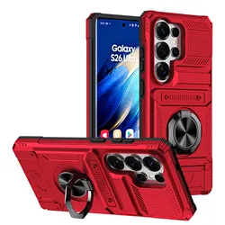 Armor Shockproof Magnetic Ring Stand Holder Case with Card Slot Wallet Back Cover - Galaxy S26 Plus (RJ - Red)