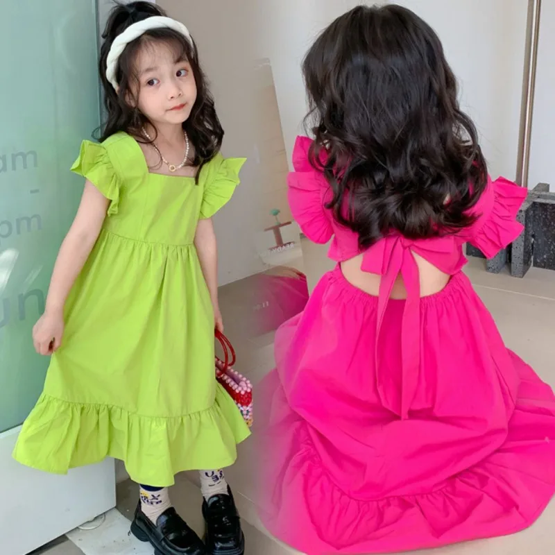 

Clothing Dress Summer 2-7years Korean Version Flower Edge Open Back Christmas Halloween Party Fashionable Girl Clothes