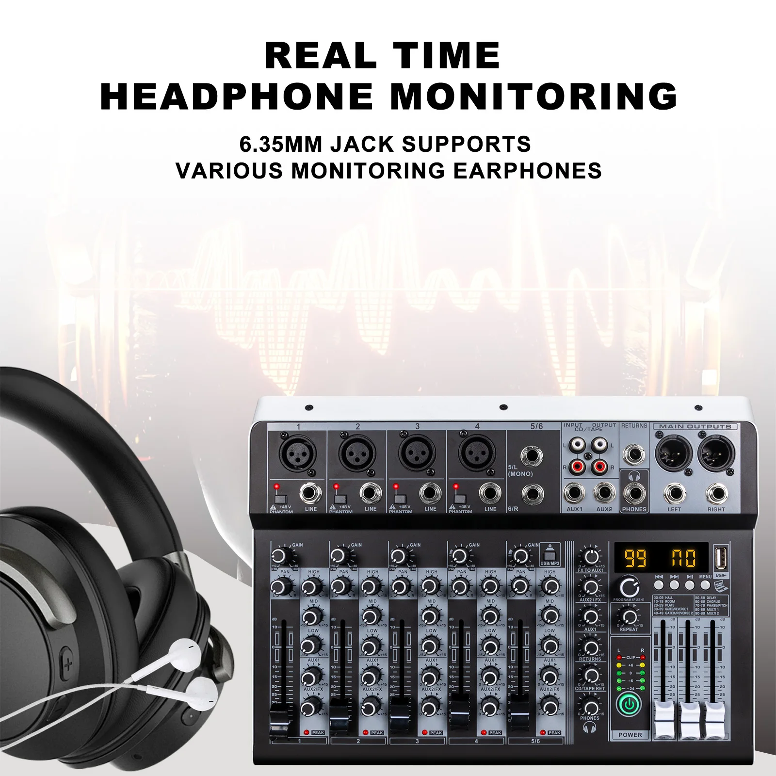 Audio Interfacer DJ Mixer Sound Board 99-Bit DSP Effect USB Audio Mixer Effects +48V Phantom Bluetooth for Karaoke 4/6 Channel