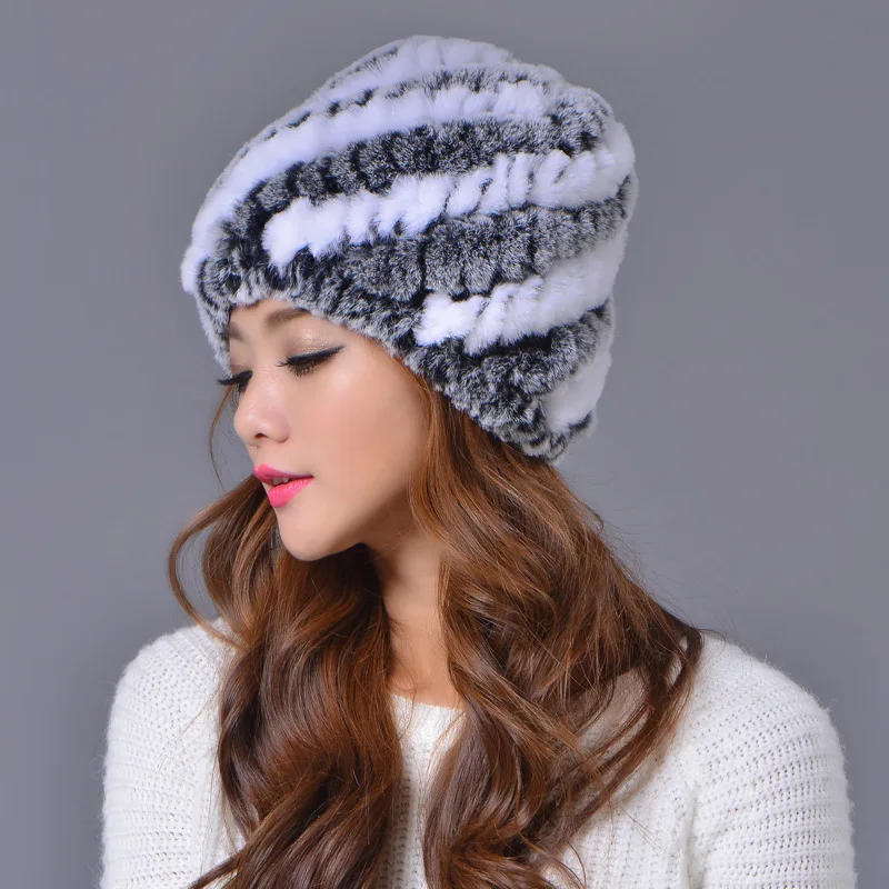 

Fashion Women Autumn Winter Warm Thick Knitted Rex Rabbit Fur Hat Lady Outdoor Cold-Proof Ear Protection Cap Girl Party Gift