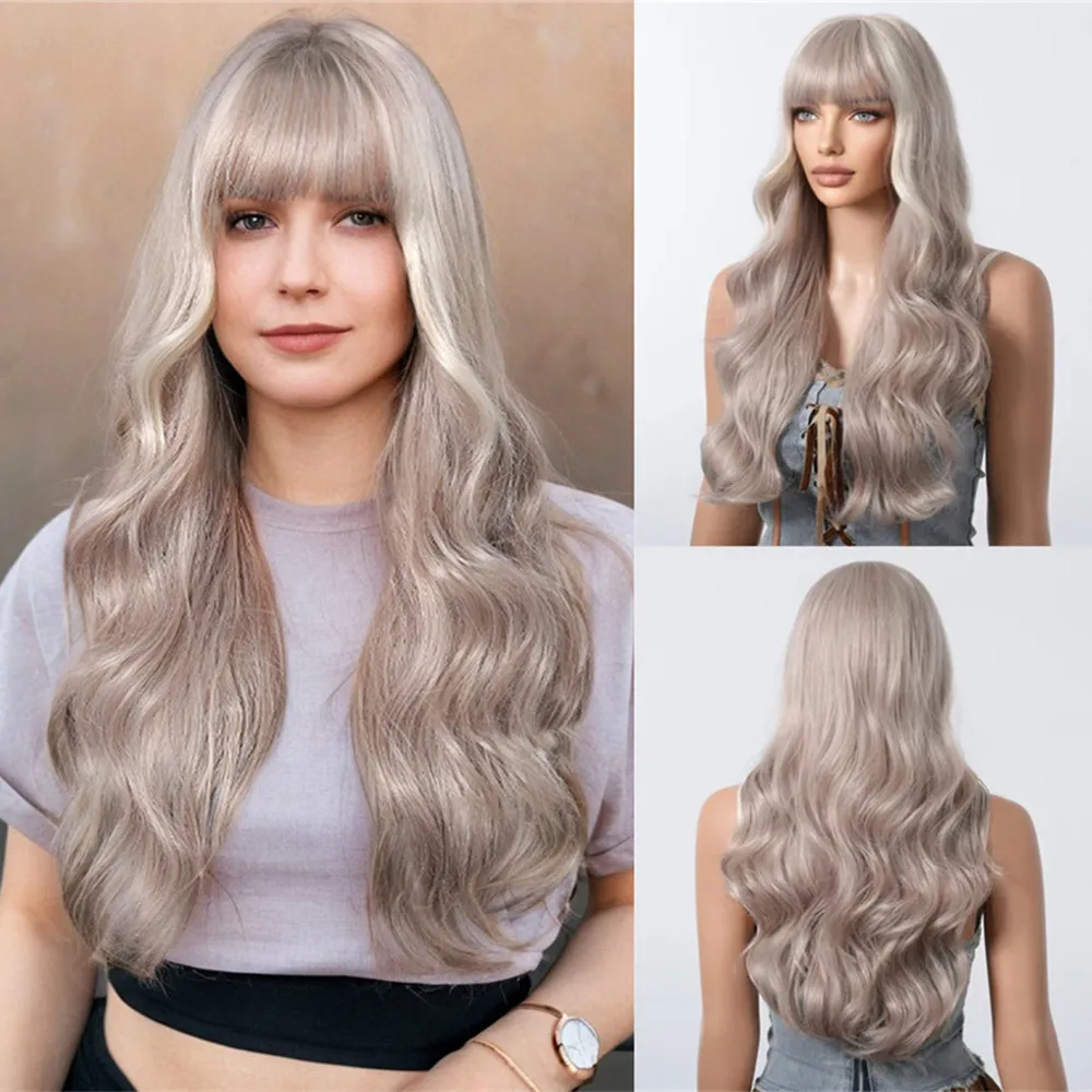 ALAN EATON Light Ash Blonde Wavy Synthetic Wigs Long Ombre Fake Hair Wave Wig with Bangs Heat Resistant Daily Wig for Women Use