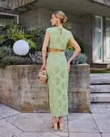 Jamie Hollow Embroidery Round Neck Slit skirt Set 5