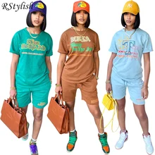 

RStylish 2022 New Casual 2 Piece Sets Womens Outfits Short Sleeve Letter Print T-shirt Shorts Sportswear Exercise Tracksuit