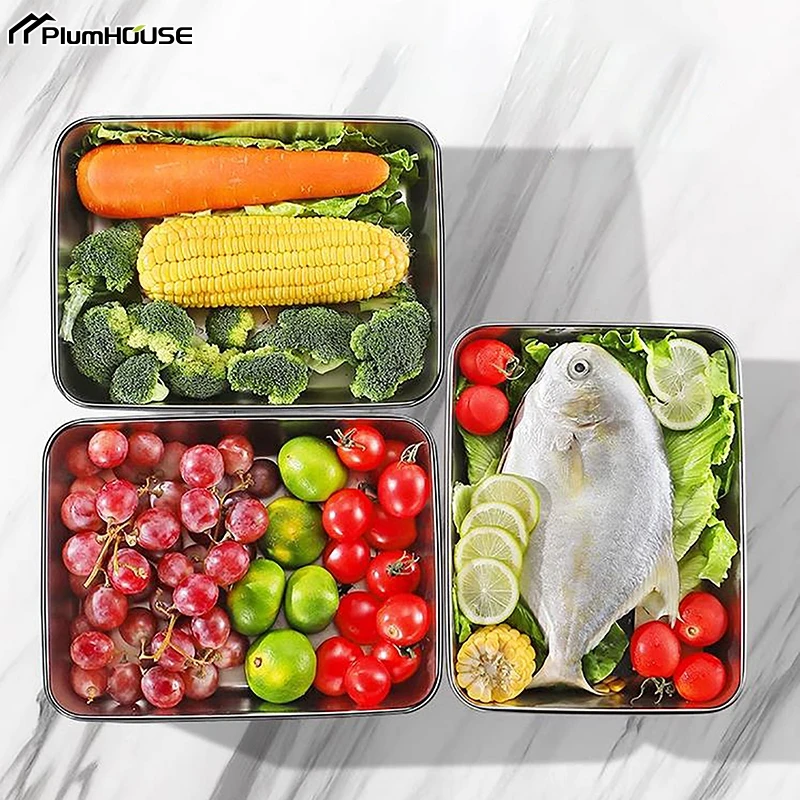 Stainless Steel Square Plate With Lid Rectangular Food Storage Pan Commercial Dish Tray Large Refreshing Lunch Box Container storage box storage tray kitchen tray