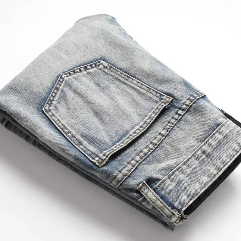 Men's Jeans Nostalgic Ripped Embroidered Straight-leg Slim Fit Casual Colorblock Denim Trousers