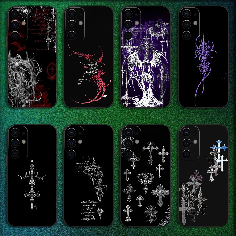 Gothic Cyber Sigil Cross Handyhülle für Samsung S25, S24, S21, S22, S23, S30, Ultra, S20, Plus, Fe, Lite, Note, 10,9,5G, schwarze Hülle