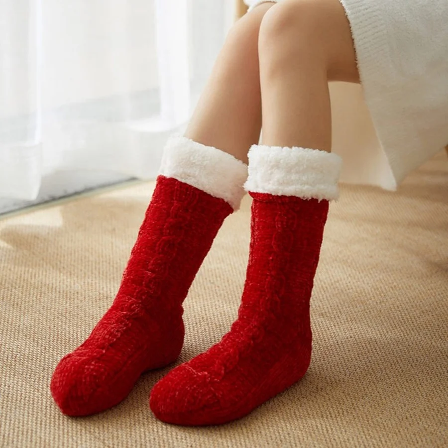 Fuzzy Thermal Socks Womens Winter Warm Plush Silicone Non-slip Grip Soft Comfy Loose Female Floor Fluffy Slippers Sock Indoor