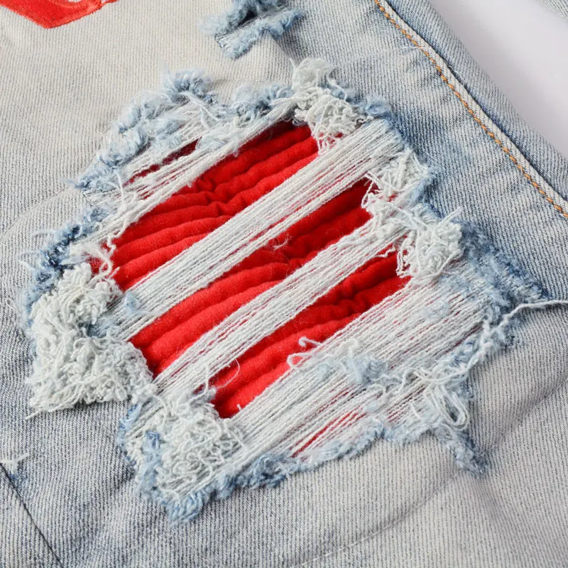 High Street Fashion Men's Jeans Vintage Elastic Tight Split Jeans Men's Blue Hole Red Patch Designer Hip Hop Brand Pants Homer