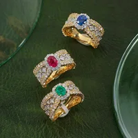 Foydjew Italian Vintage Jewelry Gold Color Ring with Emerald Sapphire Ruby Red/Blue/Green Diamond Ring Luxury Banquet Accessorie