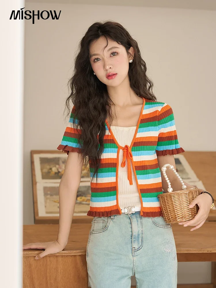 

MISHOW Sweet Colorful Stripe Fake Two Piece Knitted Tops for Women 2023 Summer Petal Sleeve Female Casual T-shirt Top MXC38Z0112