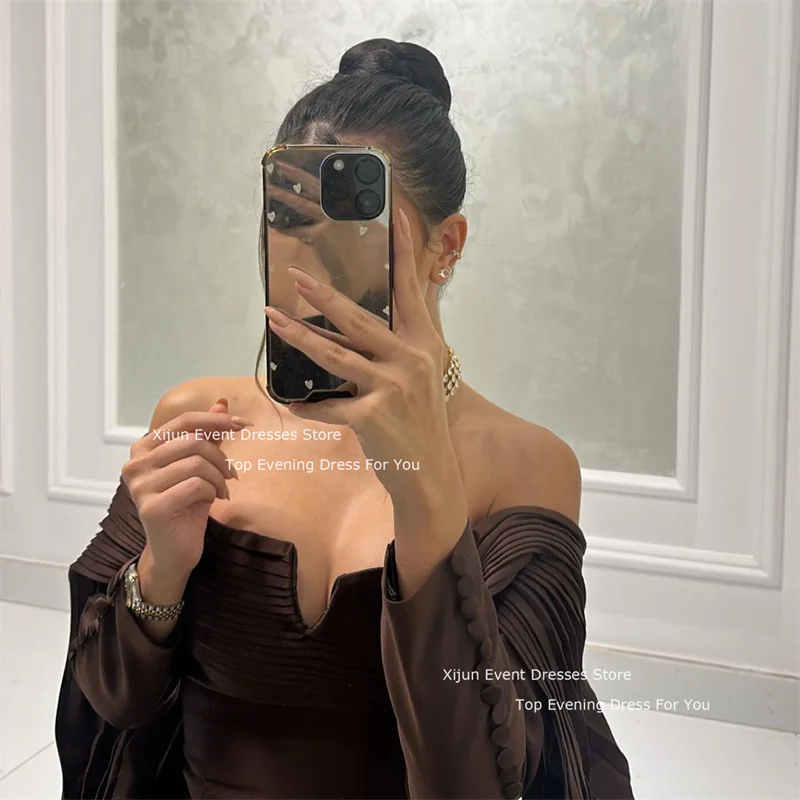 Women Prom Dresses Xijun Brown Elegant Evening Dresses Saudi Arabric Sleeves Off The Shoulder Prom Dresses Long Sleeves Prom Gown Formal Party Gown