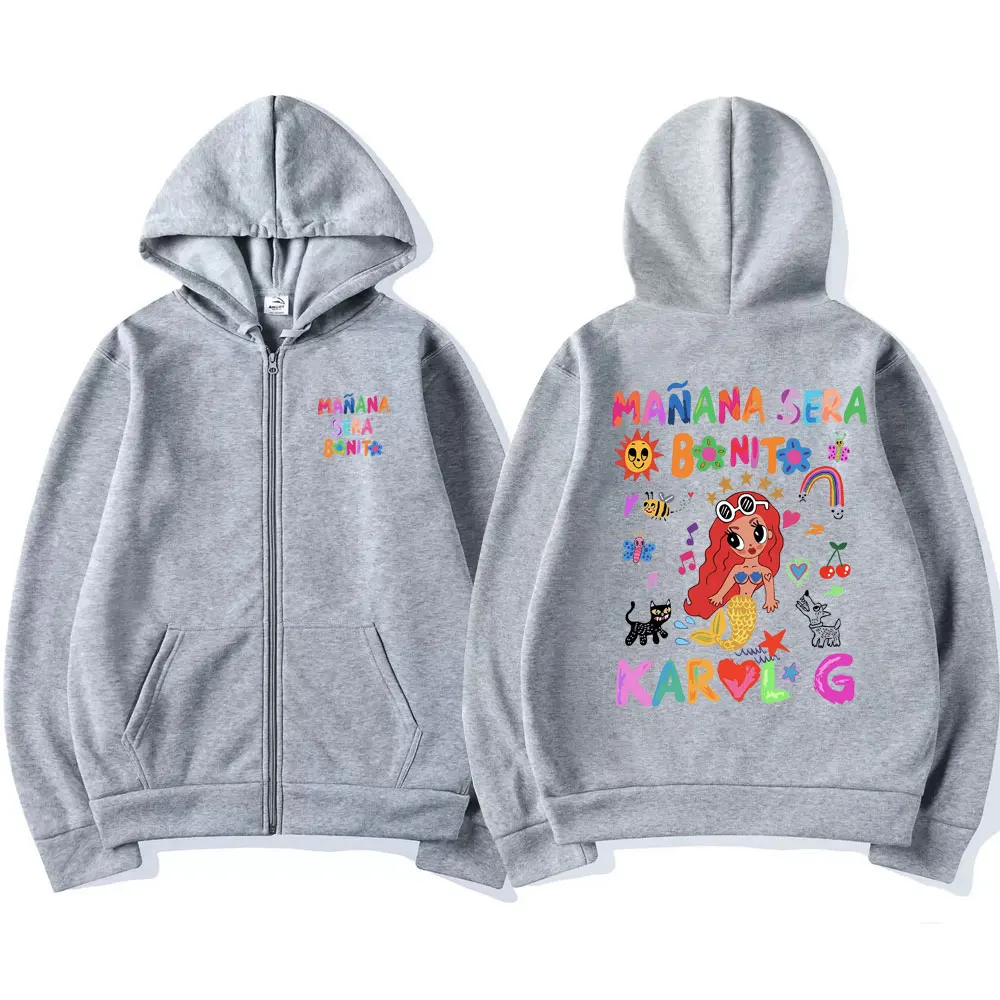 Singer Singer Karol G Heart Mañana Sera Bonito Album Graphic Zipper Hoodie Men Women's Hip Hop Cartoon Oversized Zip Up Jacket