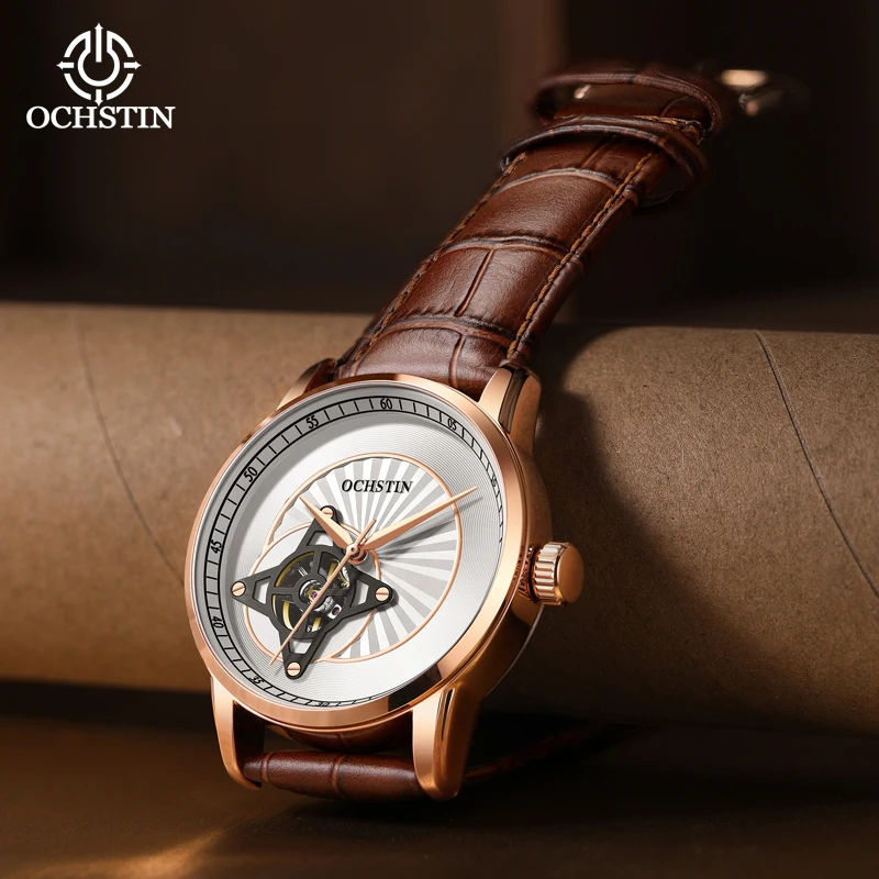 OCHSTIN Master Series Hollow Mechanical Mens Leather Watch Business Casual Trend Style Multi-functional Mechanical Watch