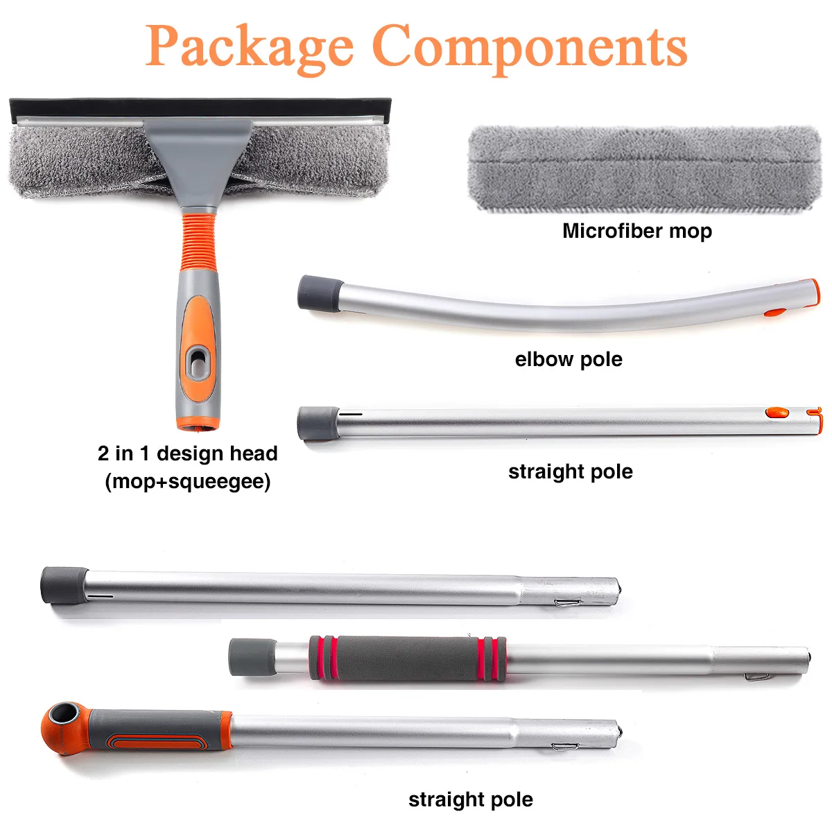 Telescopic Window Cleaning Kit with Super Squeegee and 3 Section Aluminum Extension Pole Lightweight All-In-One 5 Piece Set - Microfiber Glass