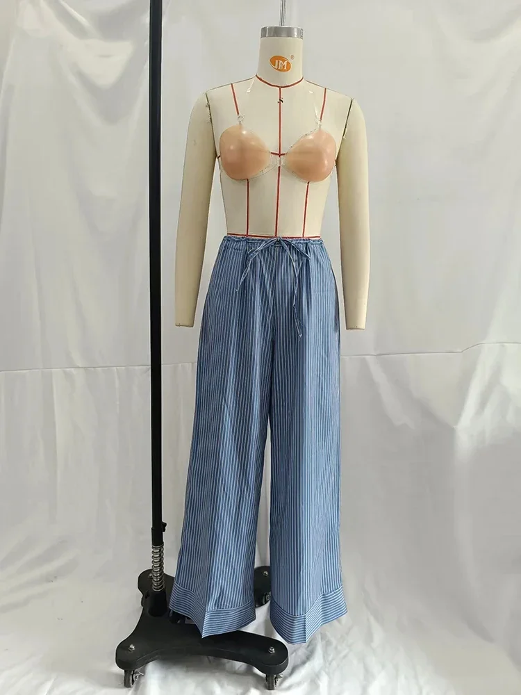 Fashion Korean Women's High Waisted Drawstring Fine Striped Blue Pants Retro Classic Women Vacation Style Loose Wide Leg Pants